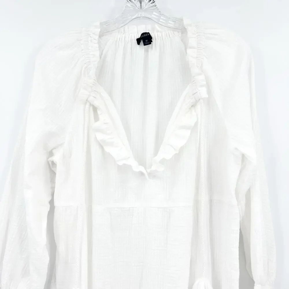 J.Crew Tiered Tunic Mini Dress White Cotton Gauze Ruffle Tassel Boho Beach Sz M